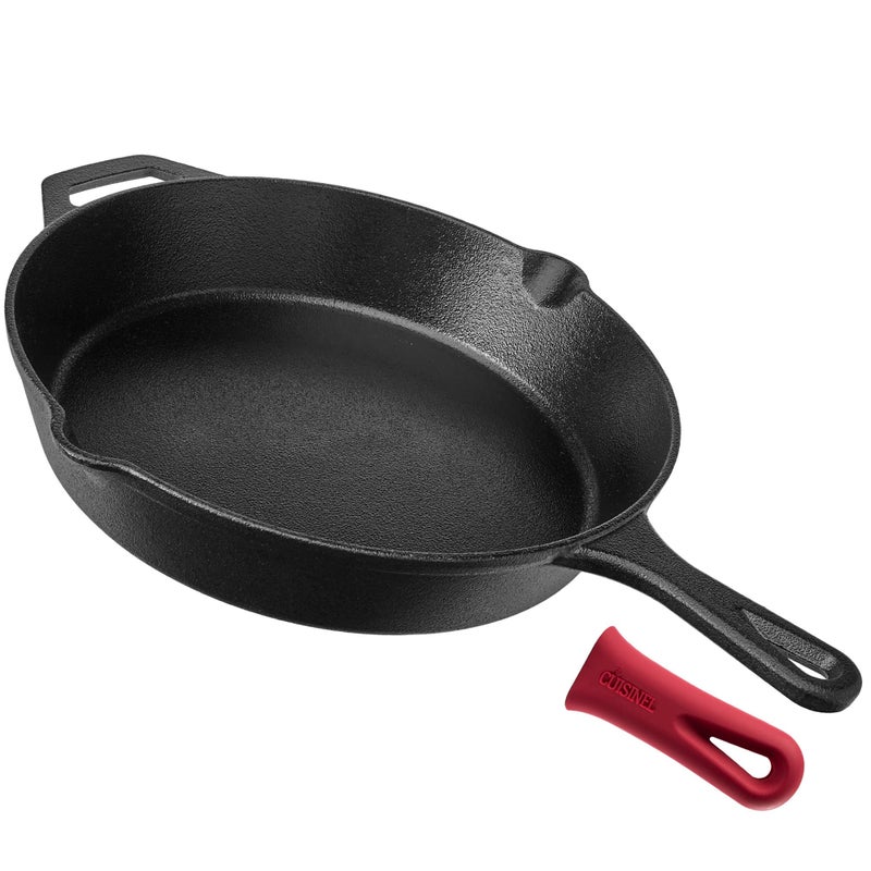 Cuisinel Cast Iron Skillet - 12"-Inch Frying Pan with Assist Handle + Red Silicone Grip Cover - Pre-Seasoned Oven Safe Cookware - Indoor/Outdoor Use - Grill, Stovetop, Induction, BBQ and Firepit Safe - Image 5